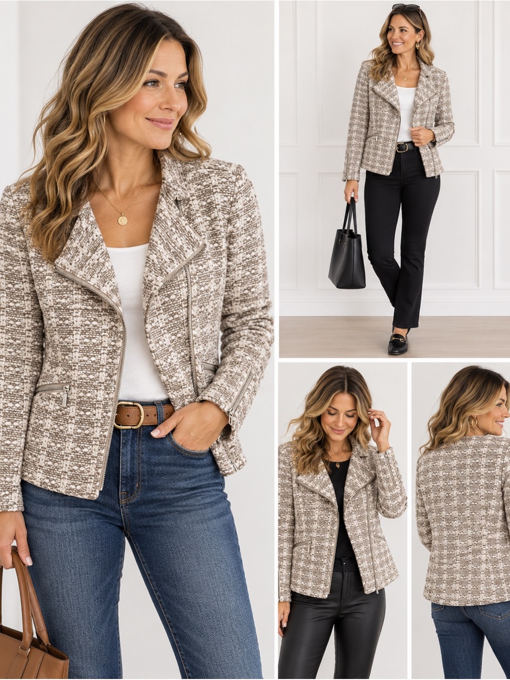 Chico's Taupe Houndstooth Zip-Front Blazer Chico Size 0